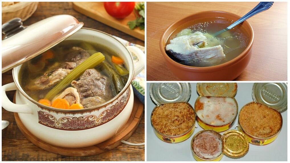 Forbidden food for gout broths rich in meat and fish, canned food
