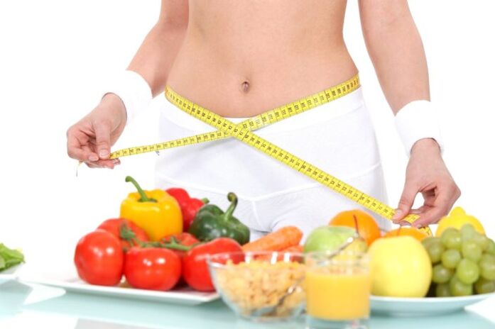 girl measuring her waist on the background of groceries